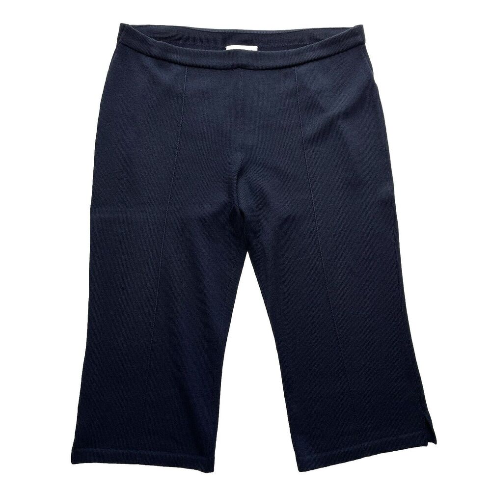 St John Collection Santana Knit Crop Pants Navy Pull On Elastic Waist Wide Leg